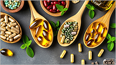Photo of wooden spoons holding various vitamin capsules.